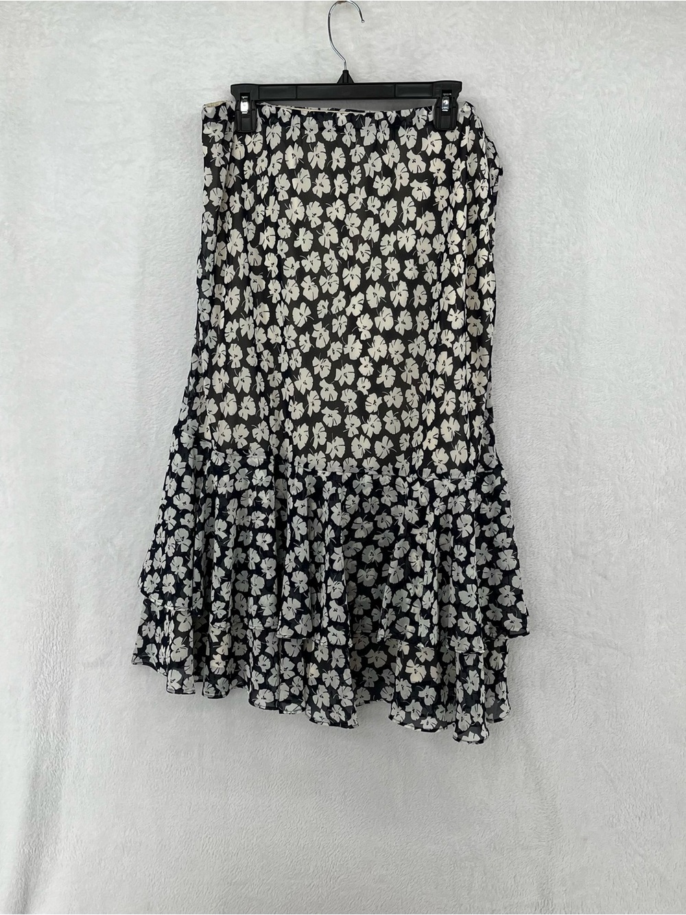 Chaps Black and White Floral Tiered Midi Skirt